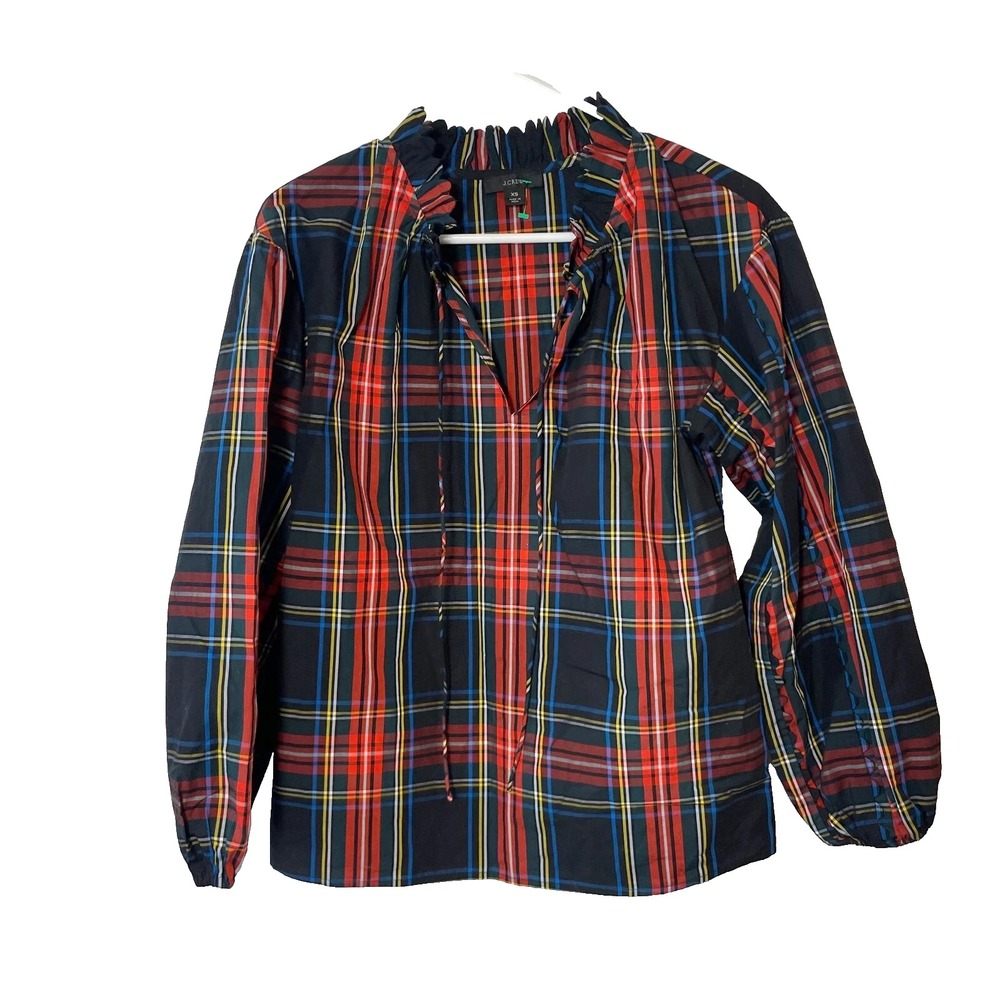 J.Crew Re-Imagined Plaid Tartan Ruffle Neck Tie Blouse XS Multi Long Sleeve